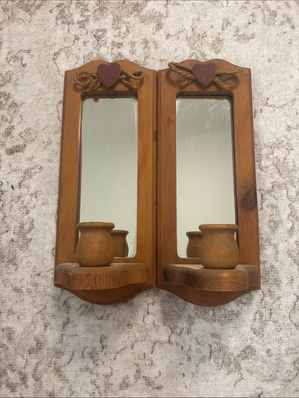 Vintage Wooden Twin Mirror Wall Sconce with Candle Holders